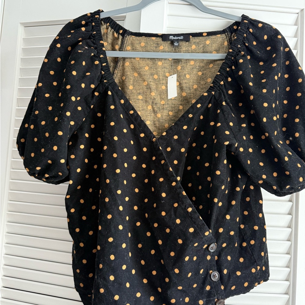 Madewell Corduroy Puff-Sleeve Wrap Top in Oval Dot